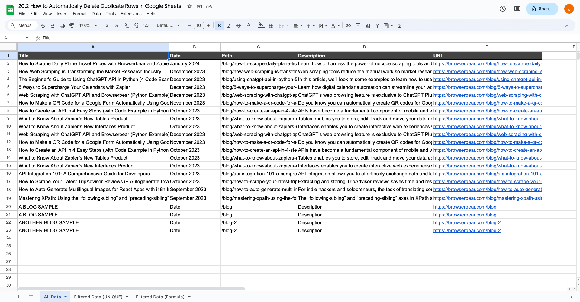 Screenshot of Google Sheets spreadsheet with sample data